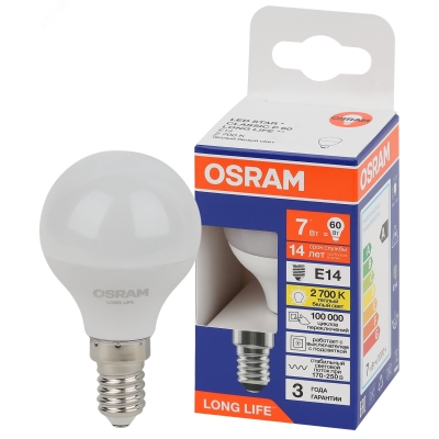 Лампа светодиодная LED 7Вт Е14 2700К 600Лм шар 220В (замена 60Вт) OSRAM 4099854186424