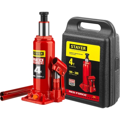 STAYER RED FORCE, в кейсе, 4 т, 195 - 380 мм, бутылочный гидравлический домкрат, Professional (43160-4-K)