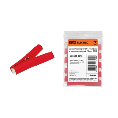 Зажим "крокодил" ЗКИ 30А 75мм в изоляции красный (10шт) SQ0541-0015